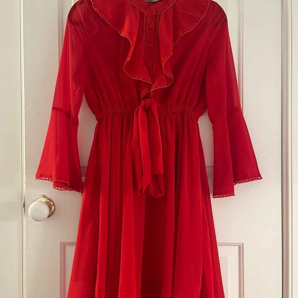 Red Asymmetrical Ruffled Sundress - Picture 4 of 8